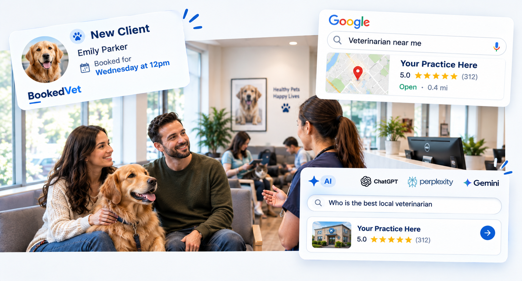 New patient booking card, Google search result and AI recommendation over a veterinary waiting room